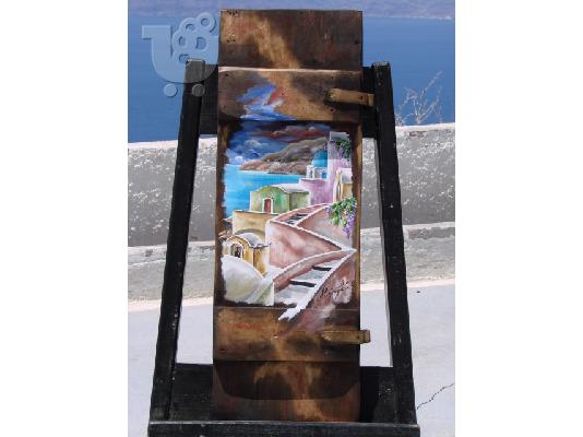 Painting in old wood by Aris Kizir Santorini Greece